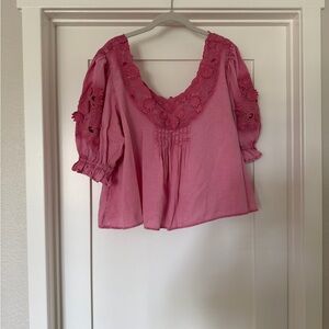 Free People Rose Pink Floral Crochet V-Neck Peasant Blouse